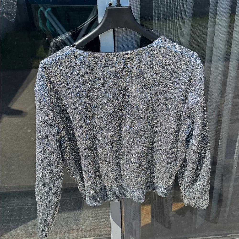 ZARA Sparkling Silver Two Piece Sequin Large Sweater Medium Skirt Set
